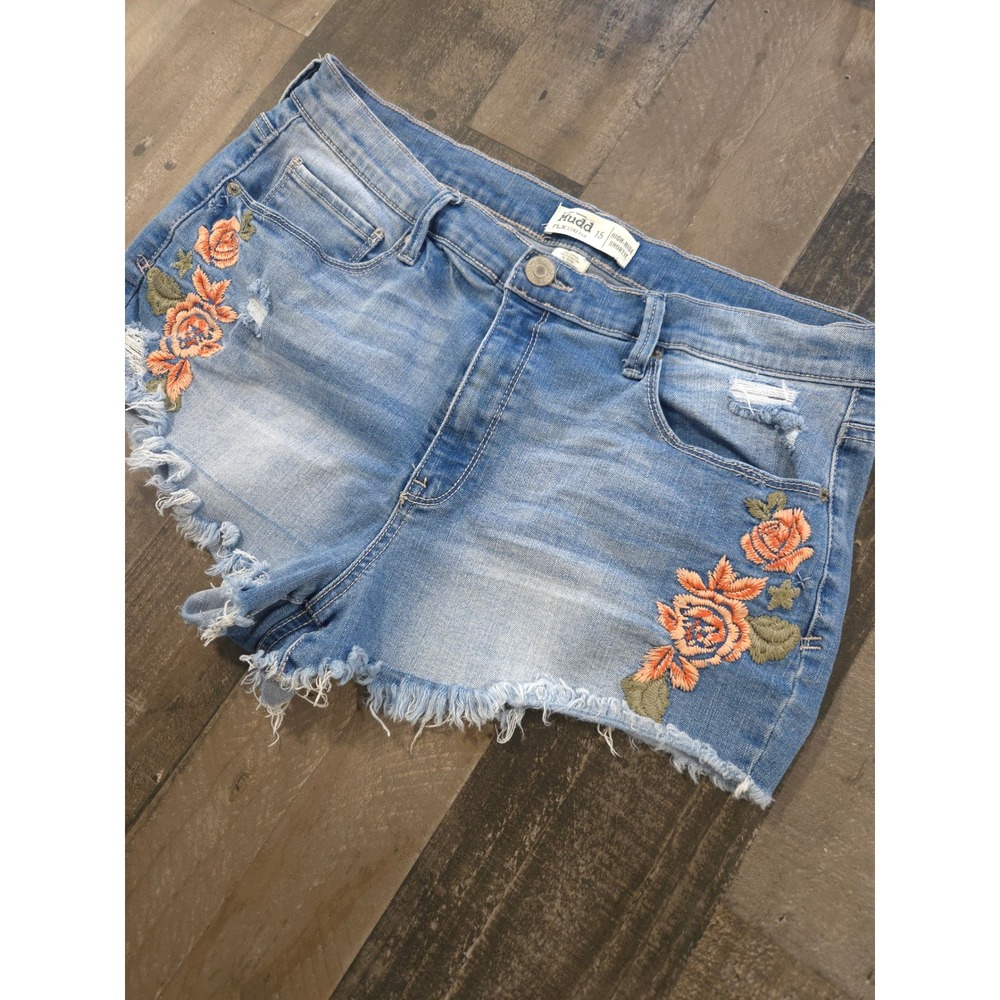 Mudd High Rise Shortie Denim Shorts Floral Embroidered Distressed Blue Size 15